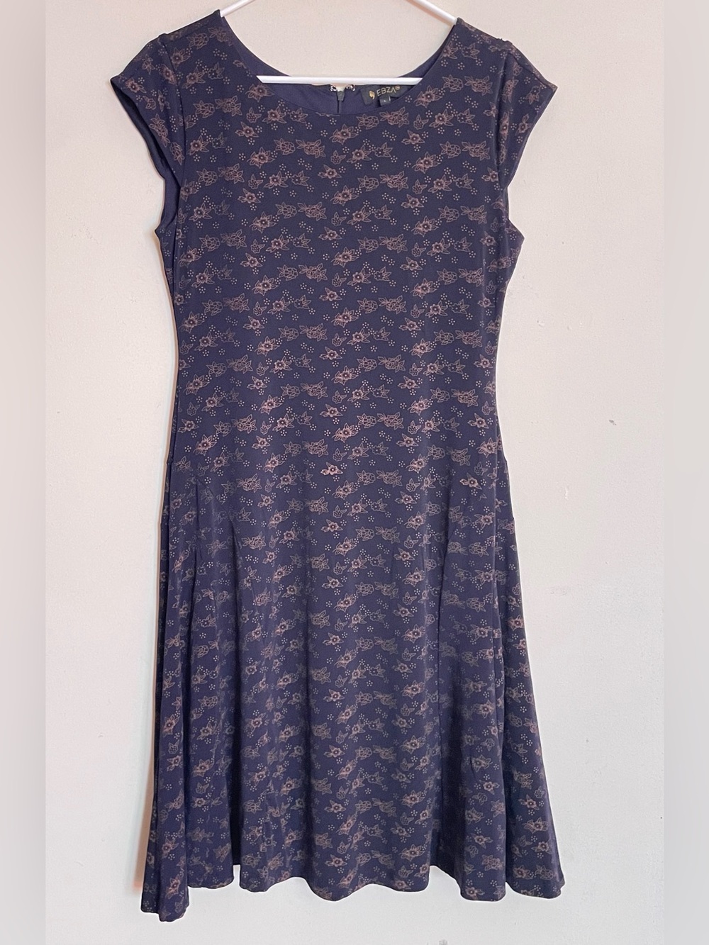 EBZA Navy Blue and Brown Floral Cap Sleeve Fit & Flare Dress - Picture 2 of 5